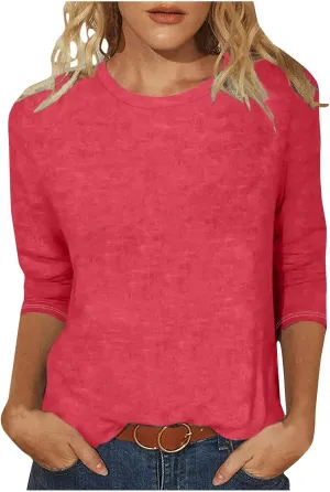 Womens Crew Neck 3/4 Sleeve T Shirts Loose Tunic Tops Casual Solid Basic Tees Three Quarter Length Sleeves Blouses