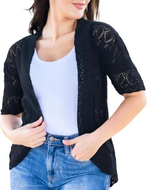 Women's Crochet Cardigan 3/4 Sleeve Short Shrug Sweater Lightweight Open Front Batwing Cropped Cardigan, XX-Large, Black