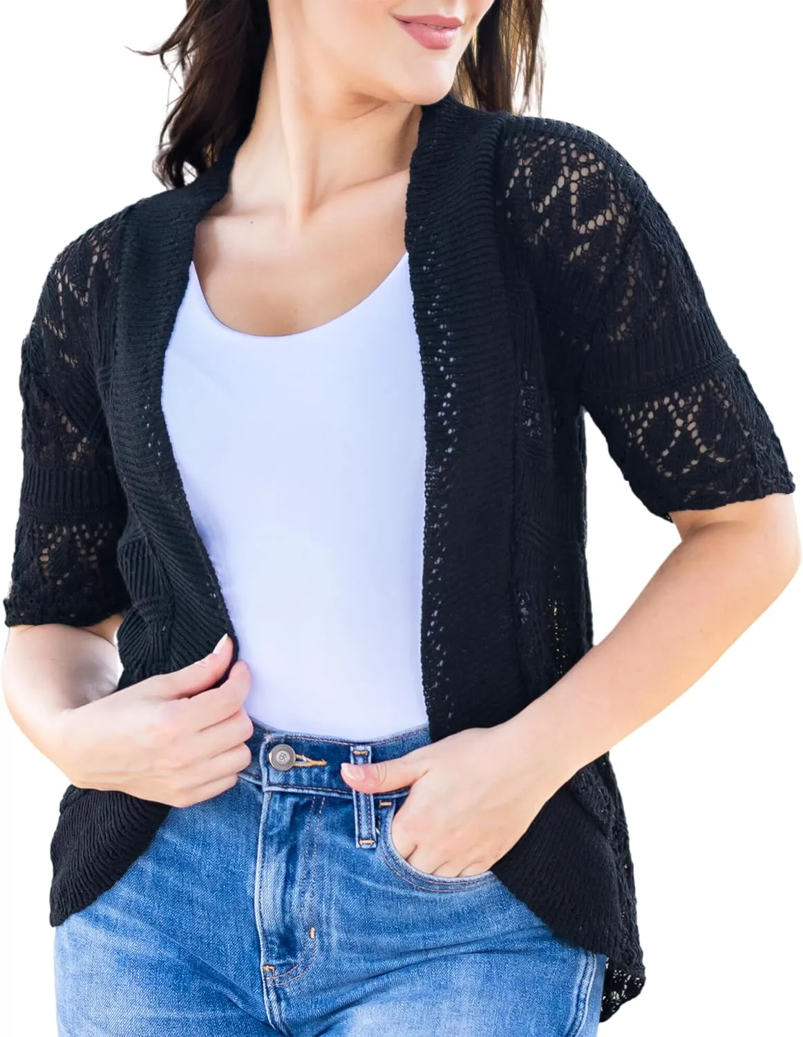 Women's Crochet Cardigan 3/4 Sleeve Short Shrug Sweater Lightweight Open Front Batwing Cropped Cardigan, XX-Large, Black