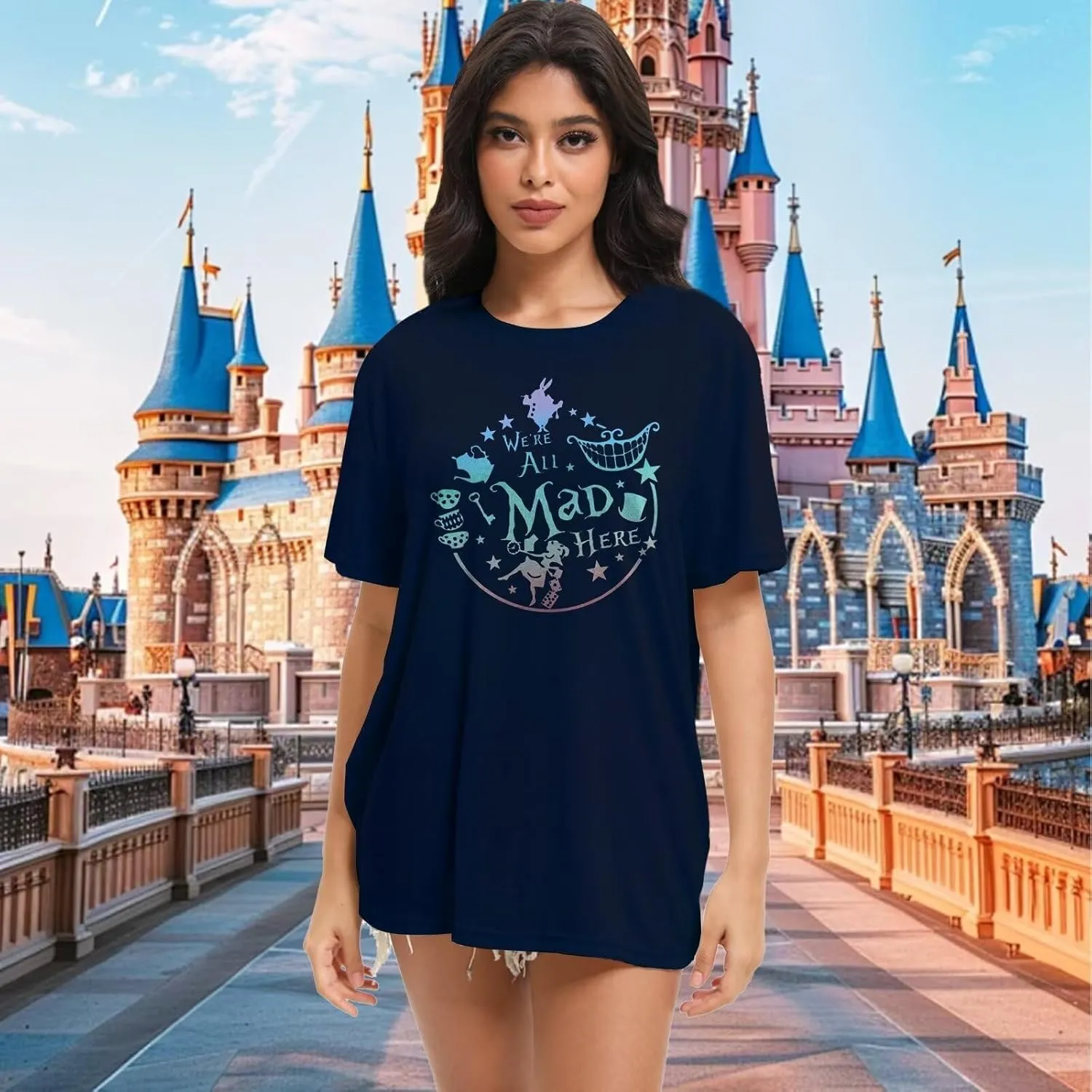 Women's Cute Graphic Tees We're All Mad Here Printed Shirts Summer Vacation Shirts Vintage Magic Short Sleeve Top