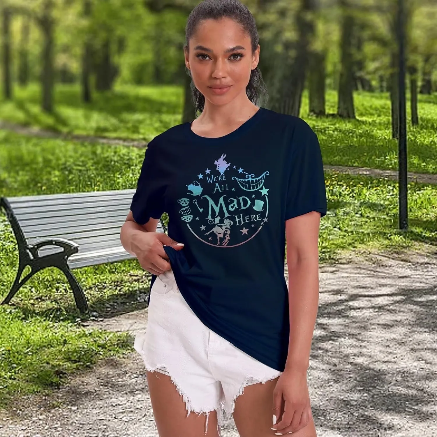 Women's Cute Graphic Tees We're All Mad Here Printed Shirts Summer Vacation Shirts Vintage Magic Short Sleeve Top
