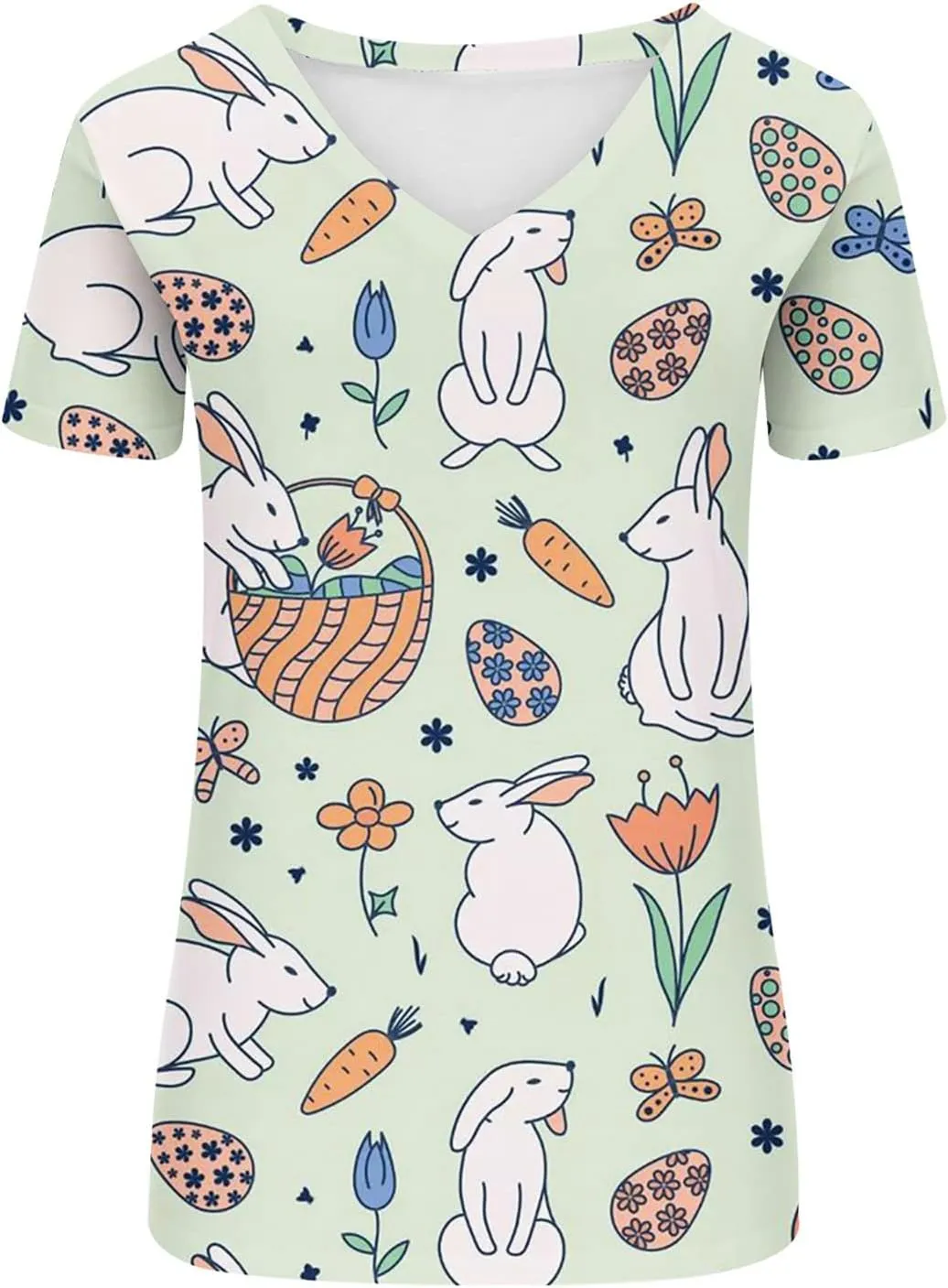 Womens Easter Shirts Short Sleeve V-Neck Easter's Day Tops Rabbits Bunny T-Shirt Floral Print Boho Tees Tunic Top