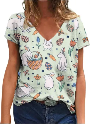 Womens Easter Shirts Short Sleeve V-Neck Easter's Day Tops Rabbits Bunny T-Shirt Floral Print Boho Tees Tunic Top