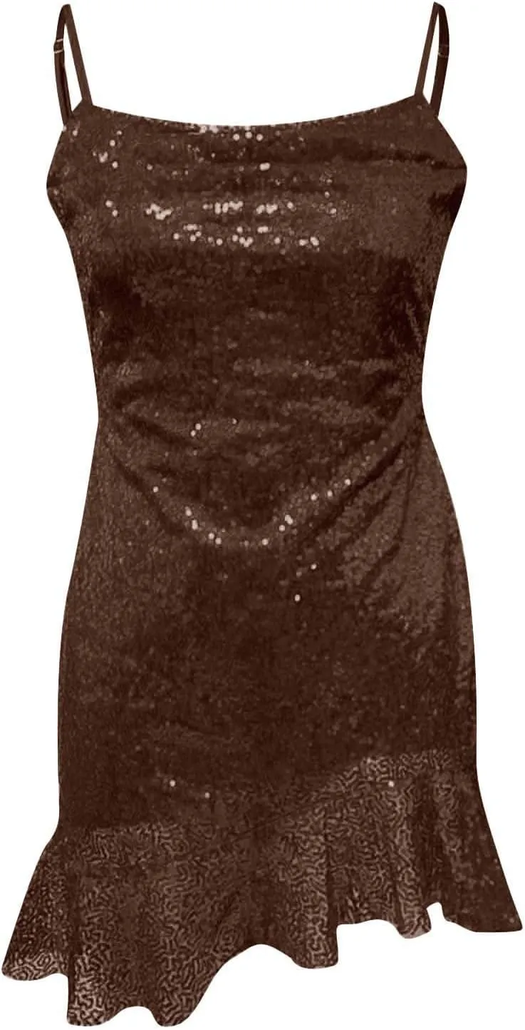 Women's Elegant Back Strap Lace Glitter Cocktail Dress with Leaf Edge Sleeveless Design for Party Evening