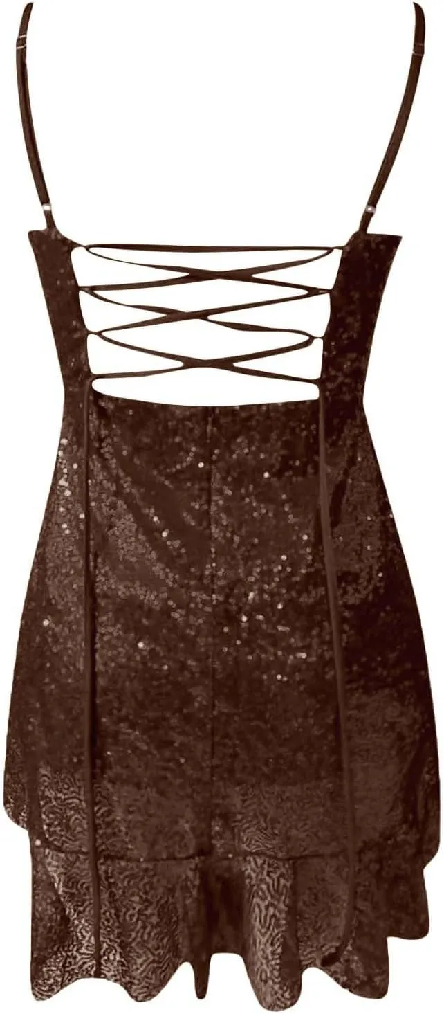 Women's Elegant Back Strap Lace Glitter Cocktail Dress with Leaf Edge Sleeveless Design for Party Evening