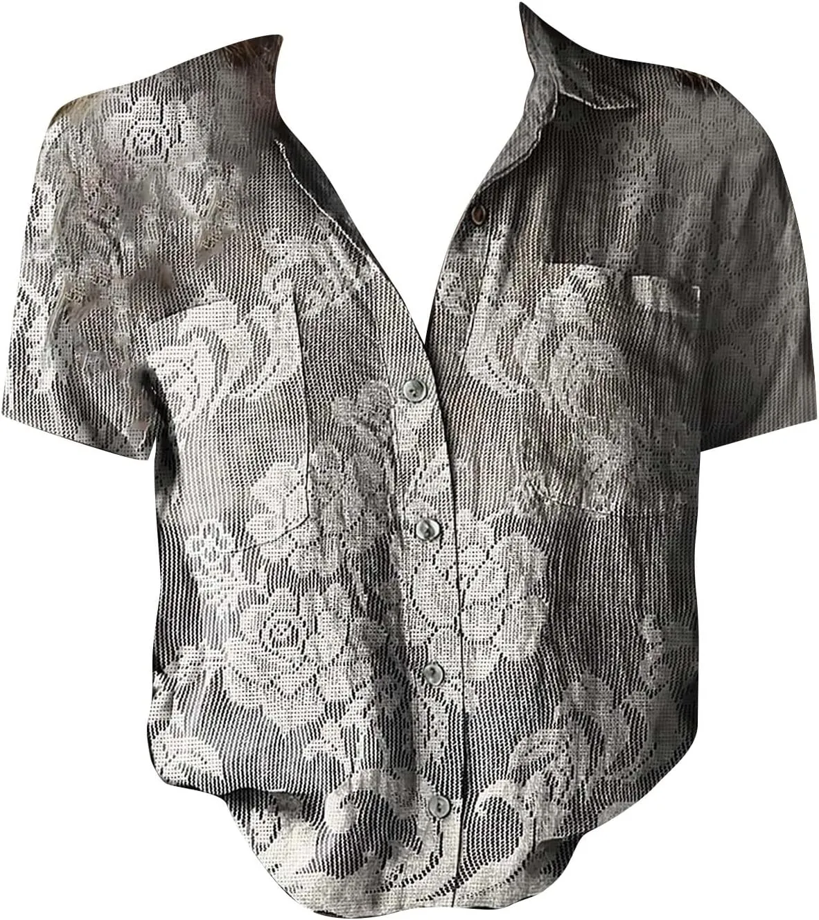 Womens Ethnic Shirts Floral Print Short Sleeve V Neck Button Down Shirt Vintage Causal Boho Blouses Gauze Tunic Tops