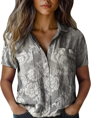 Womens Ethnic Shirts Floral Print Short Sleeve V Neck Button Down Shirt Vintage Causal Boho Blouses Gauze Tunic Tops