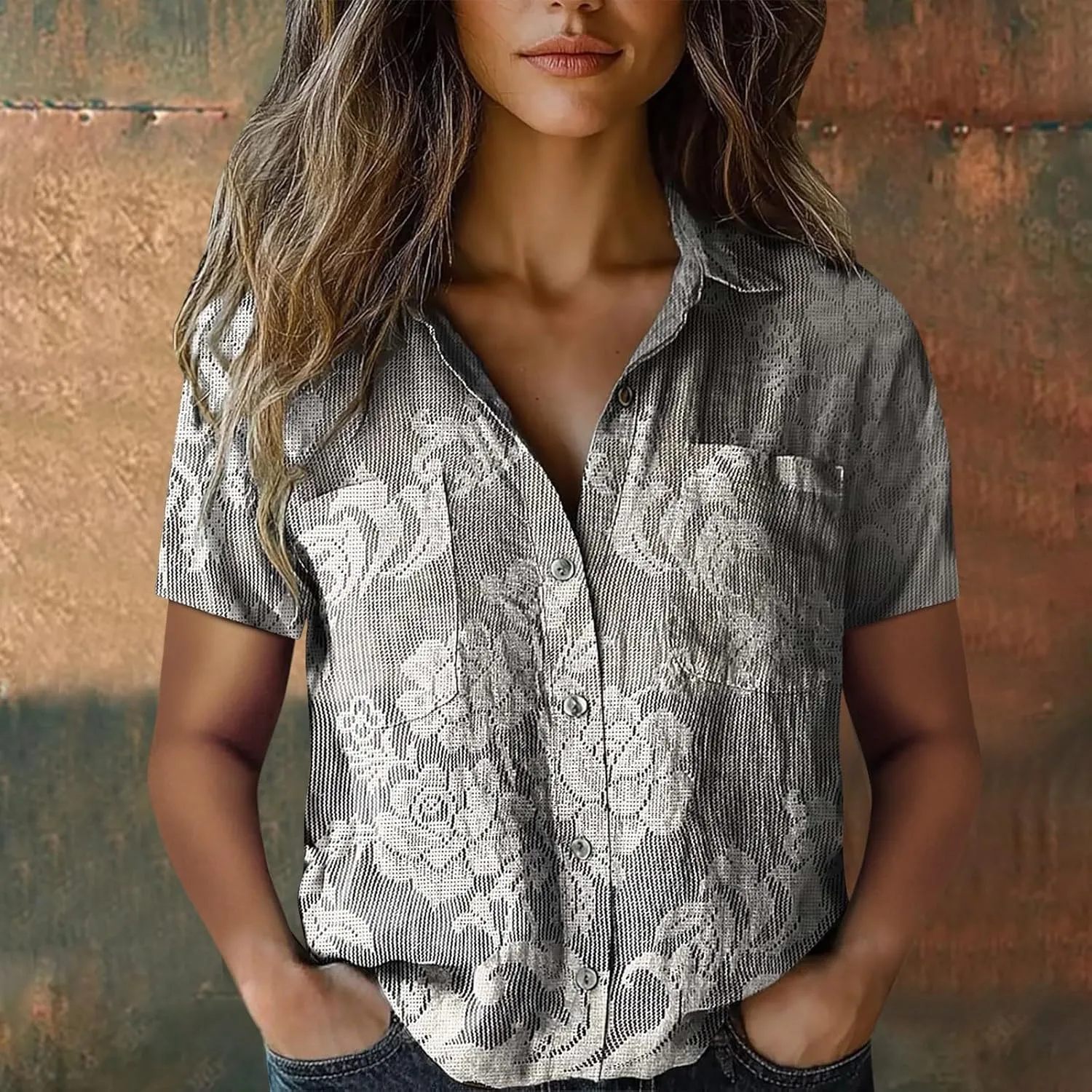 Womens Ethnic Shirts Floral Print Short Sleeve V Neck Button Down Shirt Vintage Causal Boho Blouses Gauze Tunic Tops