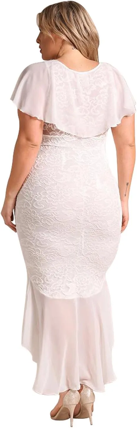 Women's Fashion Plus Size Chiffon Lace Waterfall Ruffle Hi Low Midi Dovetail Dress Short Sleeve Cocktail Party Dress
