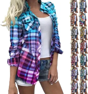 Womens Fashion Shirts Plaid Color Block Lapel Collar Roll Up Long Sleeve Button Cardigan Loose Fit Work Party Blouse