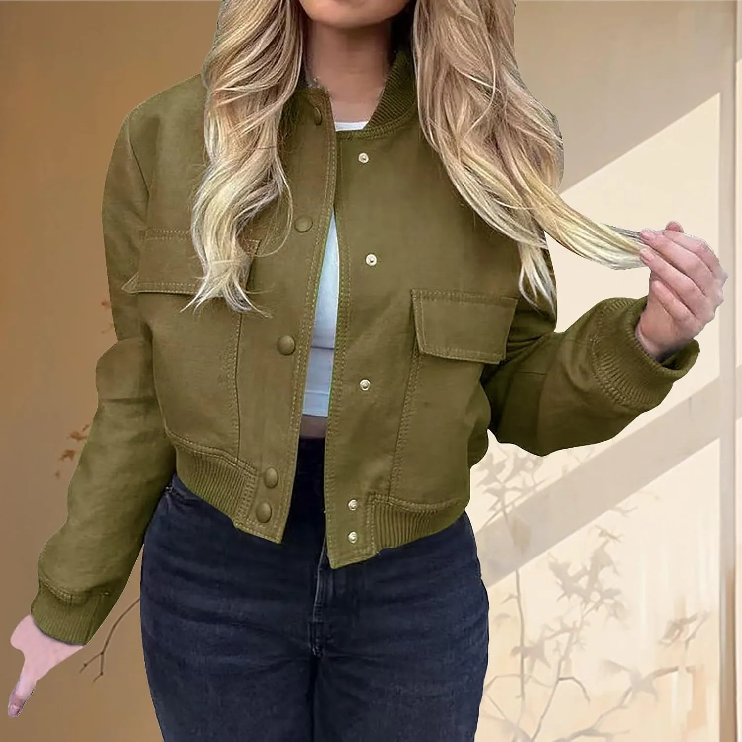 Women's Fashion Short Jackets Fall Button Down Strand Collar Varsity Cropped Shackets Long Sleeve Bomber with Pockets