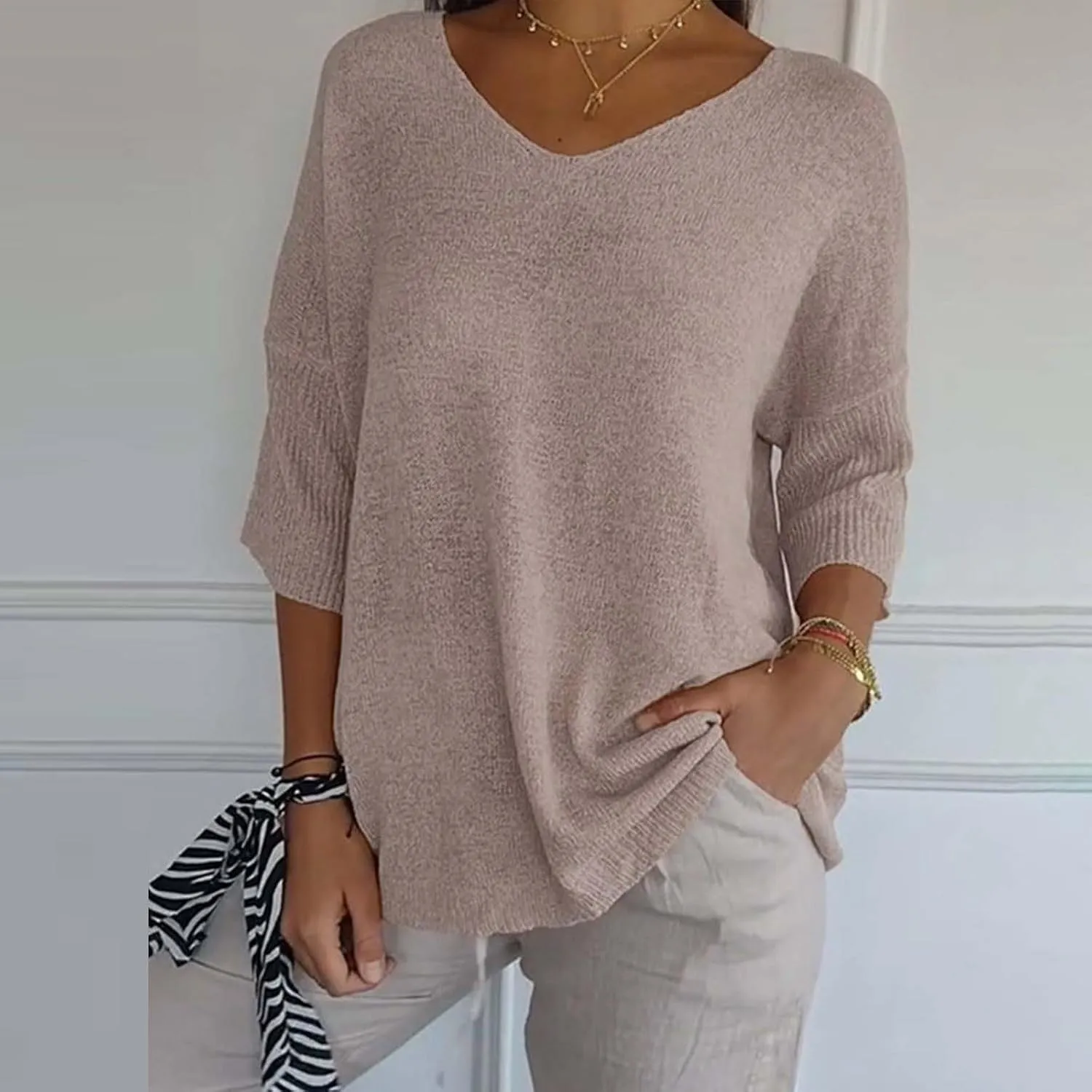 Womens Fashion Sweaters Loose V Neck 3/4 Length Sleeve Pullover Knitted Shirts Fall Solid Color Slouchy Crochet Tops