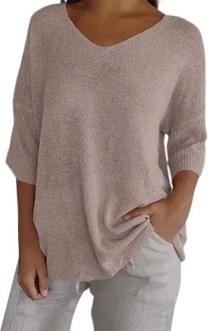 Womens Fashion Sweaters Loose V Neck 3/4 Length Sleeve Pullover Knitted Shirts Fall Solid Color Slouchy Crochet Tops