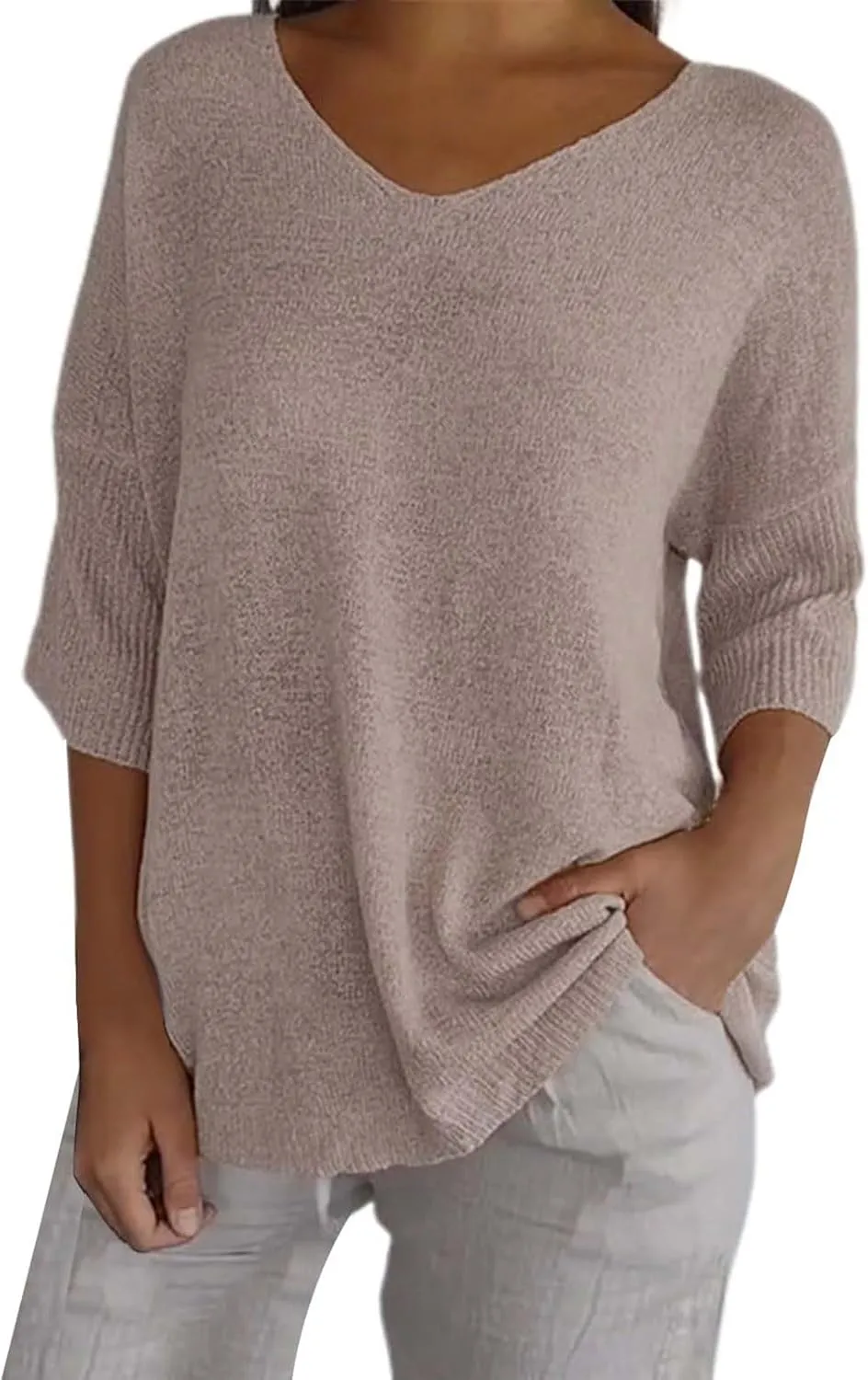 Womens Fashion Sweaters Loose V Neck 3/4 Length Sleeve Pullover Knitted Shirts Fall Solid Color Slouchy Crochet Tops