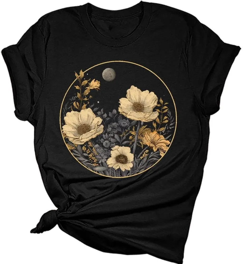 Womens Floral Shirts Wildflower Vintage Graphic Tees Short Sleeve Bella Summer Tops