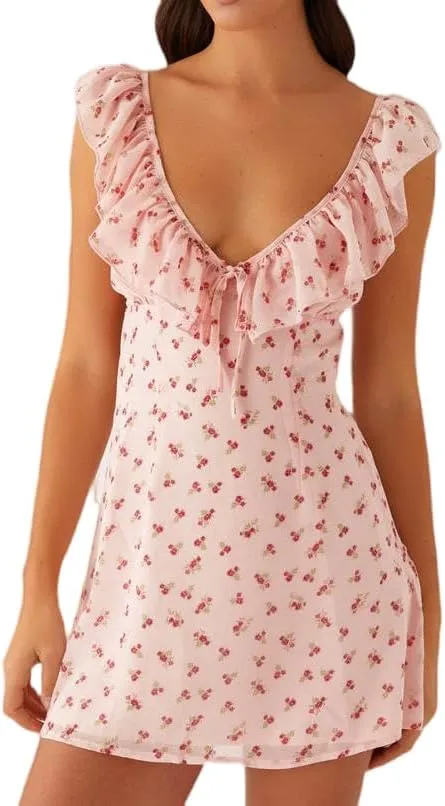 Women's Floral Summer Sweetheart Neck Tie Back Mini Dresses Backless Going Out Short Sundresses