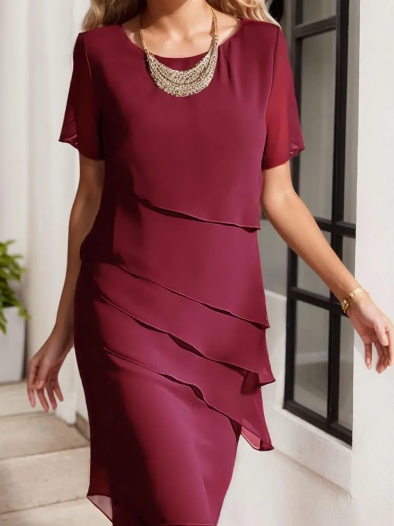 Womens Flowy Tiered Chiffon Dress Summer Elegant Short Sleeve Layered Midi Wedding Guest Cocktail Dress