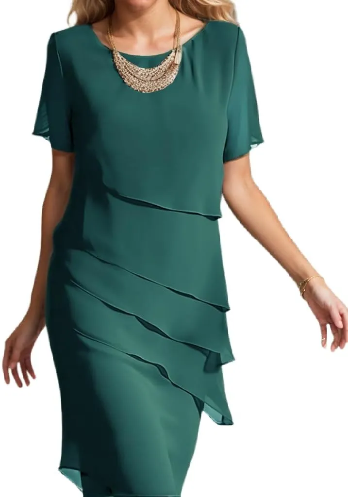 Womens Flowy Tiered Chiffon Dress Summer Elegant Short Sleeve Layered Midi Wedding Guest Cocktail Dress