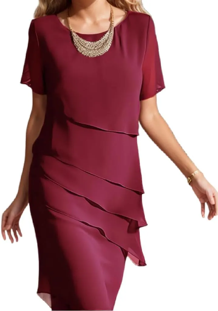 Womens Flowy Tiered Chiffon Dress Summer Elegant Short Sleeve Layered Midi Wedding Guest Cocktail Dress