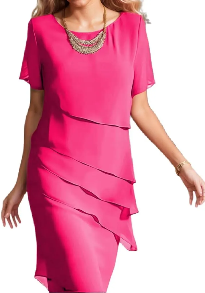 Womens Flowy Tiered Chiffon Dress Summer Elegant Short Sleeve Layered Midi Wedding Guest Cocktail Dress