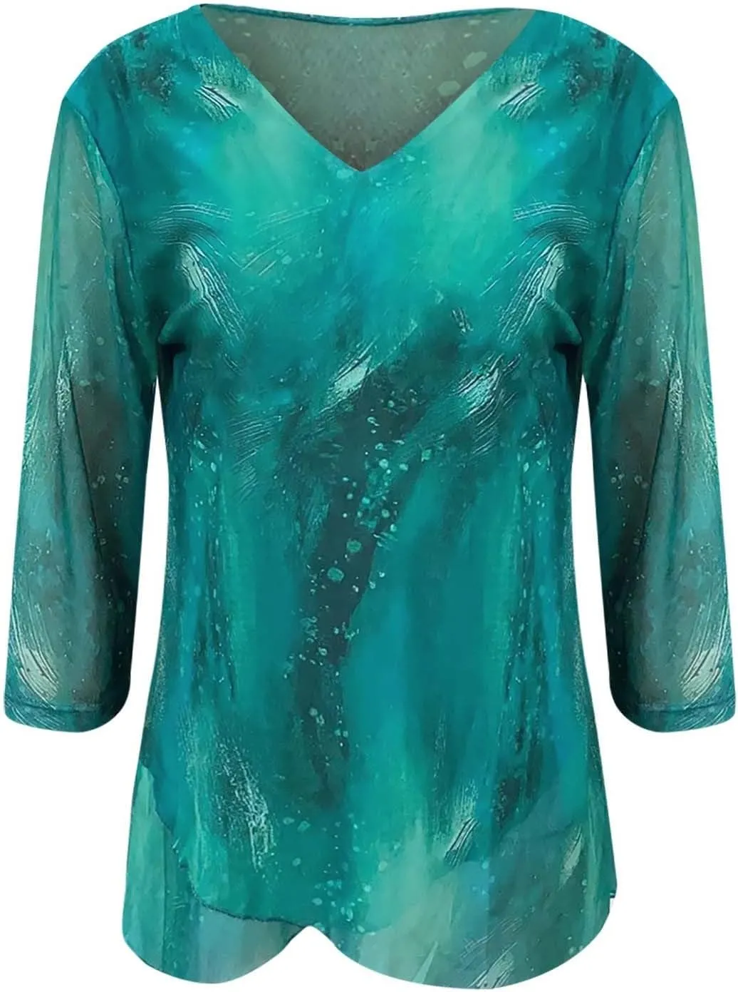 Womens Gauze T Shirts Summer Casual V Neck Long Sleeve Irregular Hem Mesh Sheer Tops Floral Print Boho Holiday Blouse