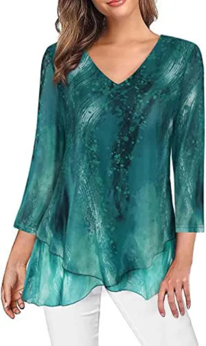 Womens Gauze T Shirts Summer Casual V Neck Long Sleeve Irregular Hem Mesh Sheer Tops Floral Print Boho Holiday Blouse