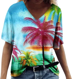 Womens Hawaiian Shirt Palm Trees Beach Graphic Tee Tops Summer Vacation Short Sleeve Tshirt Tops Casual V Neck