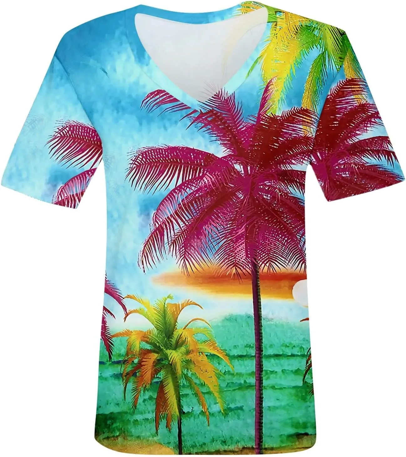 Womens Hawaiian Shirt Palm Trees Beach Graphic Tee Tops Summer Vacation Short Sleeve Tshirt Tops Casual V Neck