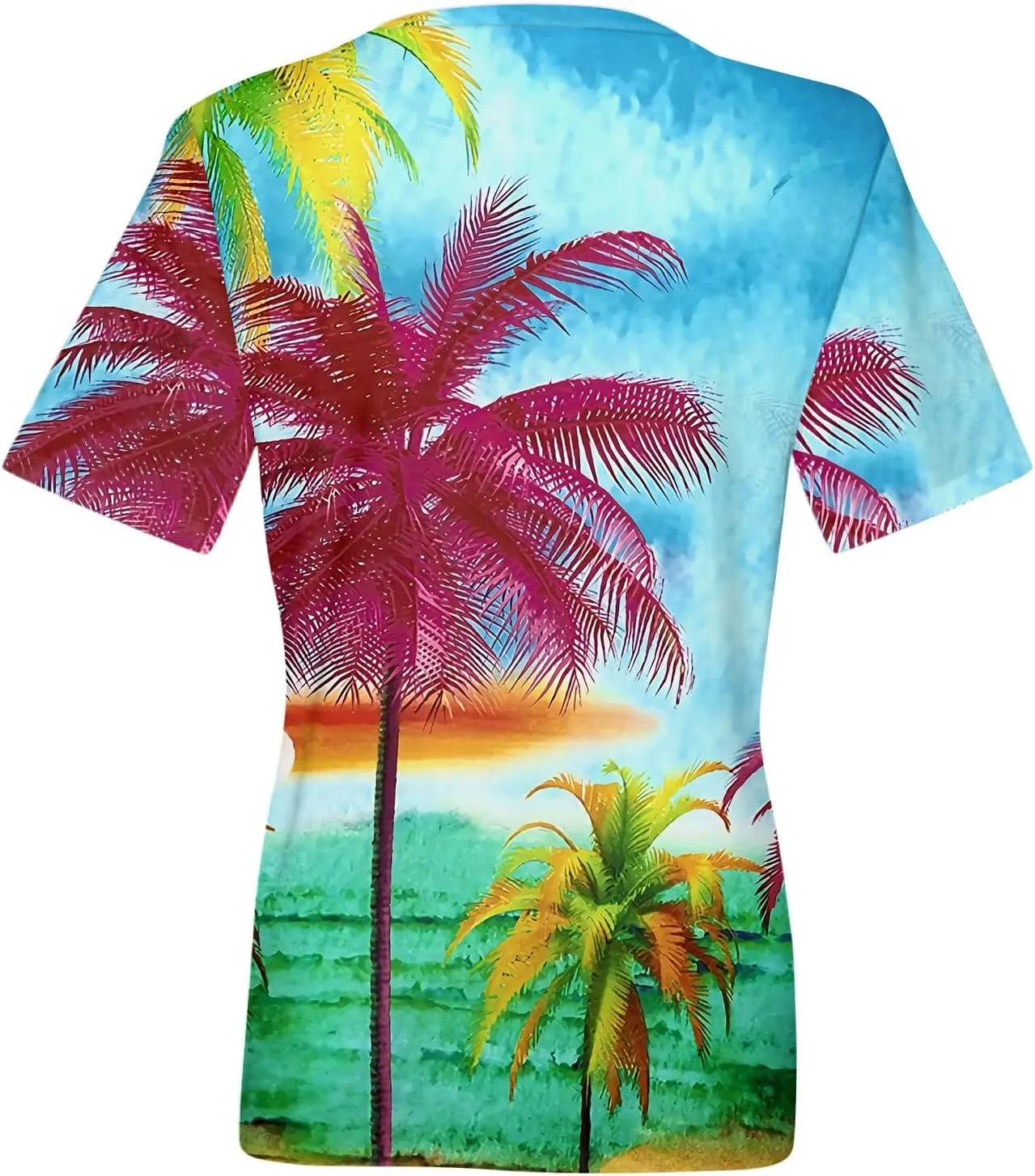 Womens Hawaiian Shirt Palm Trees Beach Graphic Tee Tops Summer Vacation Short Sleeve Tshirt Tops Casual V Neck