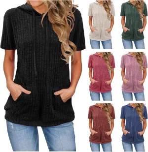 Womens Hoodie Short Sleeve Thin Pullover Sweatshirt Summer 2025 Fashion Dressy Kangaroo Pocket Tunics Tops