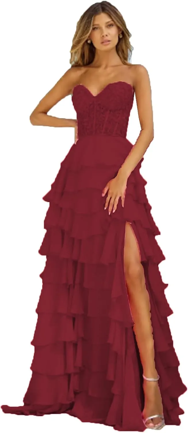 Women's Lace Applique Long Ball Dress Strapless Chiffon Formal Evening Dress with Slit
