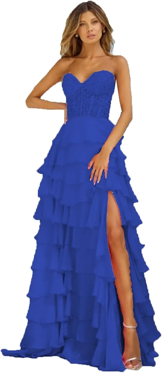 Women's Lace Applique Long Ball Dress Strapless Chiffon Formal Evening Dress with Slit
