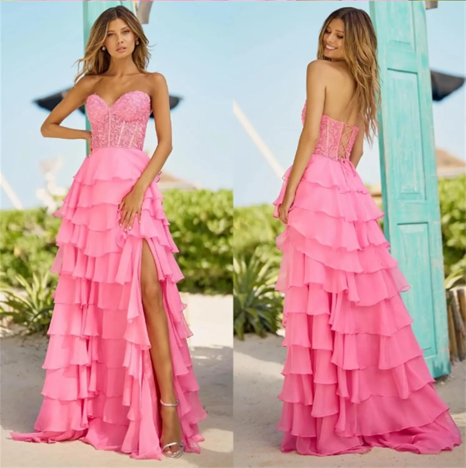 Women's Lace Applique Long Ball Dress Strapless Chiffon Formal Evening Dress with Slit