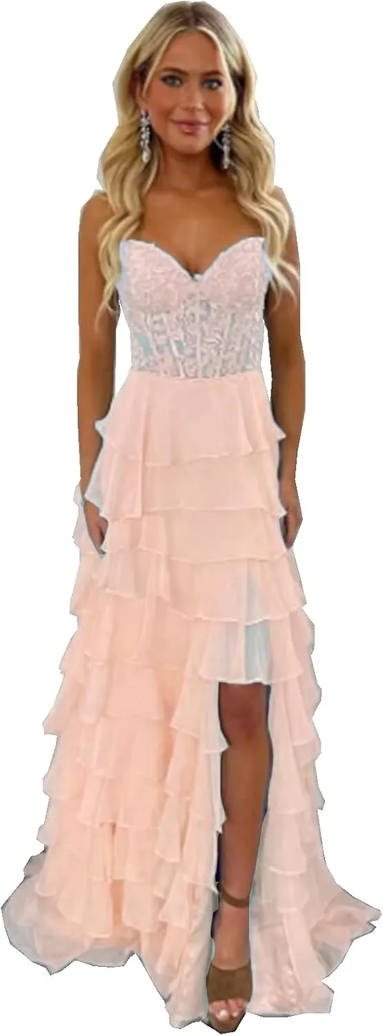 Women's Lace Applique Long Ball Dress Strapless Chiffon Formal Evening Dress with Slit