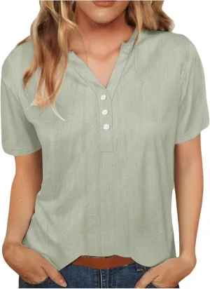 Womens Linen Button Down Shirts Short Sleeve V Neck Tshirts Light Weight Plain Blouses Casual Loose Fit Tunic Tops