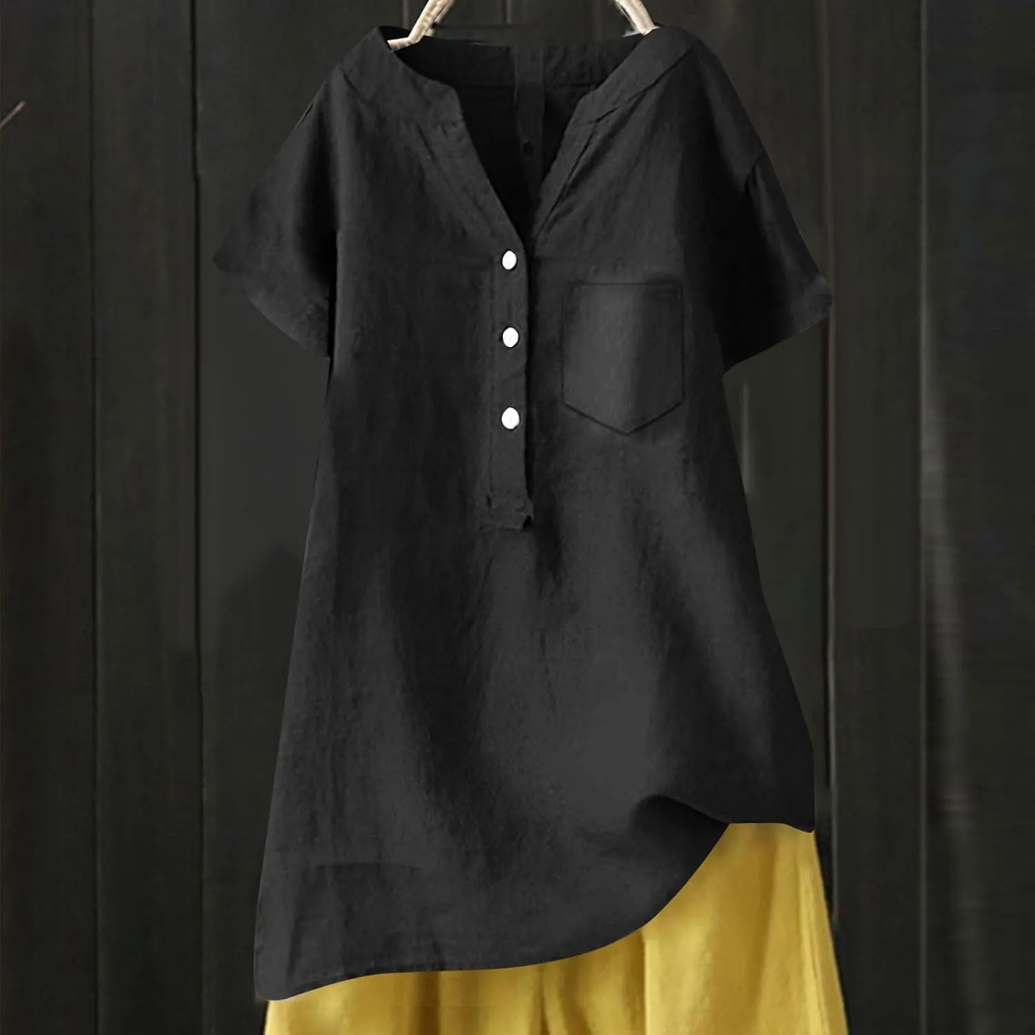 Women's Linen Button Down Shirts Short Sleeve V Neck Tshirts Light Weight Plain Blouses Casual Loose Fit Tunic Tops
