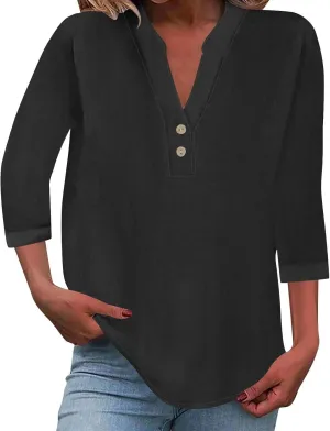 Womens Linen Shirts 3/4 Length Sleeve Casual Dressy Blouses Lightweight Gauze Boho Beach T Shirts Loose Tunic Tops