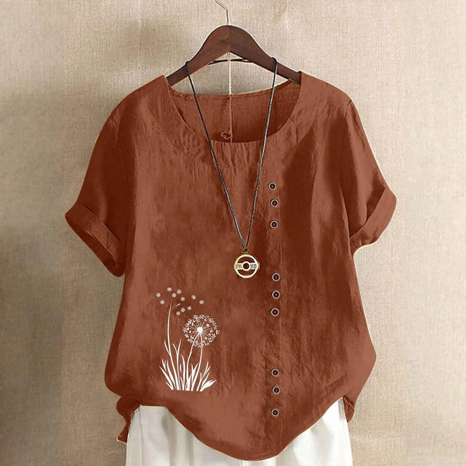 Womens Linen Tops Boho Floral Summer Casual Shirts Short Sleeve Crew Neck Loose Fit Comfy Cotton Tshirt for Women