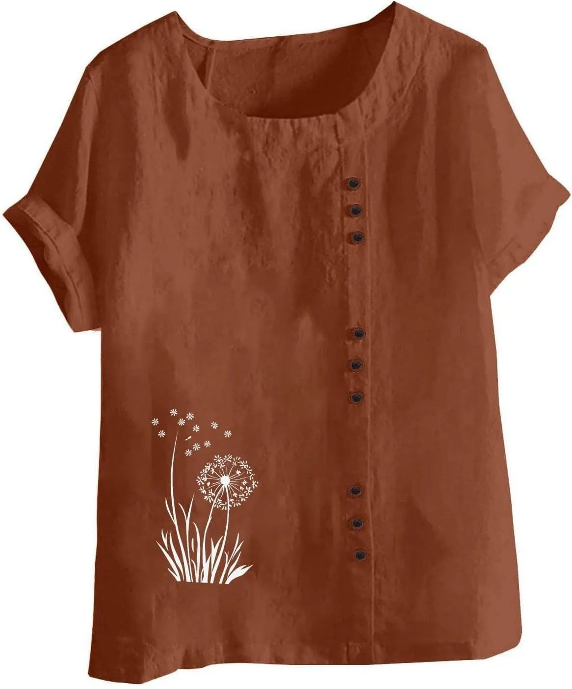 Womens Linen Tops Boho Floral Summer Casual Shirts Short Sleeve Crew Neck Loose Fit Comfy Cotton Tshirt for Women