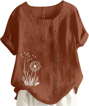 Womens Linen Tops Boho Floral Summer Casual Shirts Short Sleeve Crew Neck Loose Fit Comfy Cotton Tshirt for Women