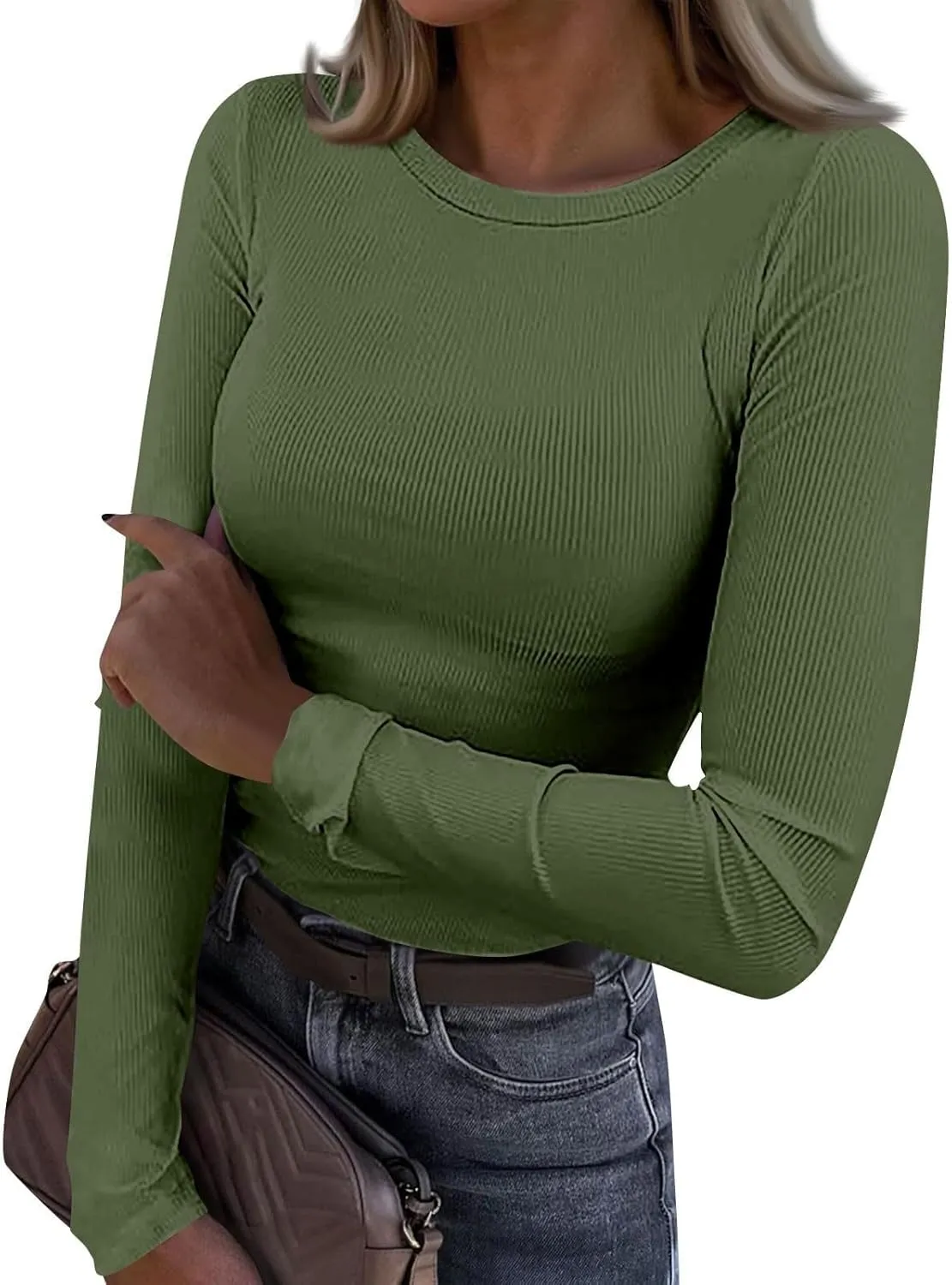 Womens Long Sleeve Crewneck Tops Rib Knit Slim Fit Basic Shirts 2024 Casual T-Shirt Stretchy Going Out Basic Outfits