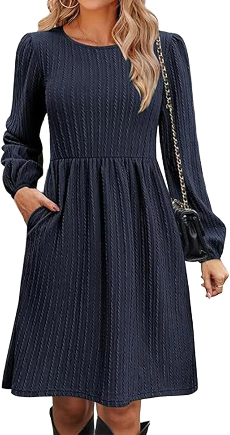 Womens Long Sleeve Knit Sweater Dress Casual Fall Winter Crewneck Mini Dresses A-Line Knee Length Dress