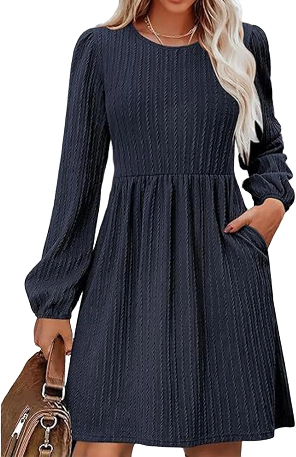 Womens Long Sleeve Knit Sweater Dress Casual Fall Winter Crewneck Mini Dresses A-Line Knee Length Dress