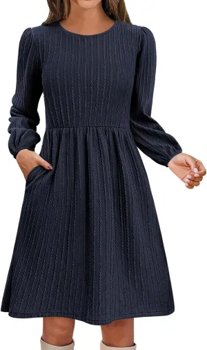 Womens Long Sleeve Knit Sweater Dress Casual Fall Winter Crewneck Mini Dresses A-Line Knee Length Dress