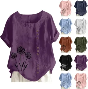 Women's Oversized Cotton Linen Shirts Summer Casual Boho Floral Print Short Sleeve Blouse Loose Crewneck Tunic Tops