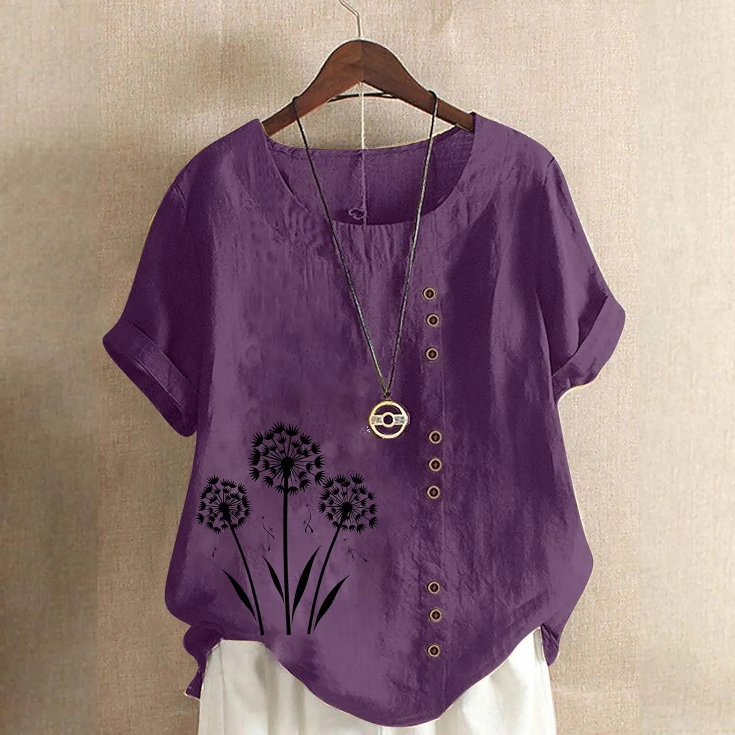 Women's Oversized Cotton Linen Shirts Summer Casual Boho Floral Print Short Sleeve Blouse Loose Crewneck Tunic Tops