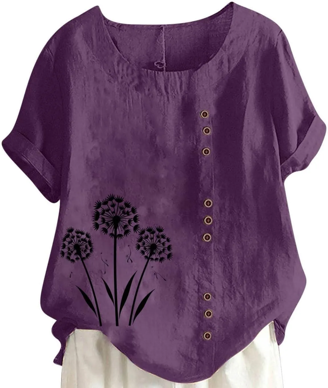 Women's Oversized Cotton Linen Shirts Summer Casual Boho Floral Print Short Sleeve Blouse Loose Crewneck Tunic Tops