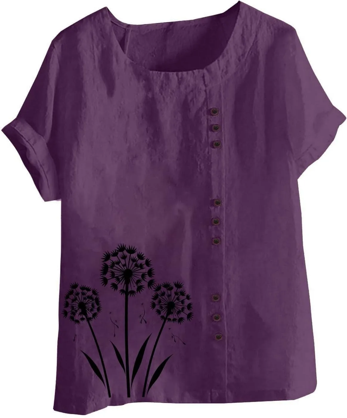 Women's Oversized Cotton Linen Shirts Summer Casual Boho Floral Print Short Sleeve Blouse Loose Crewneck Tunic Tops
