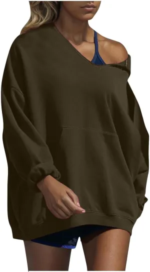 Womens Oversized Hoodies V Neck Sweatshirts Solid Long Sleeve Pullover Casual Fall Clothes 2024 Trendy Hooded Top