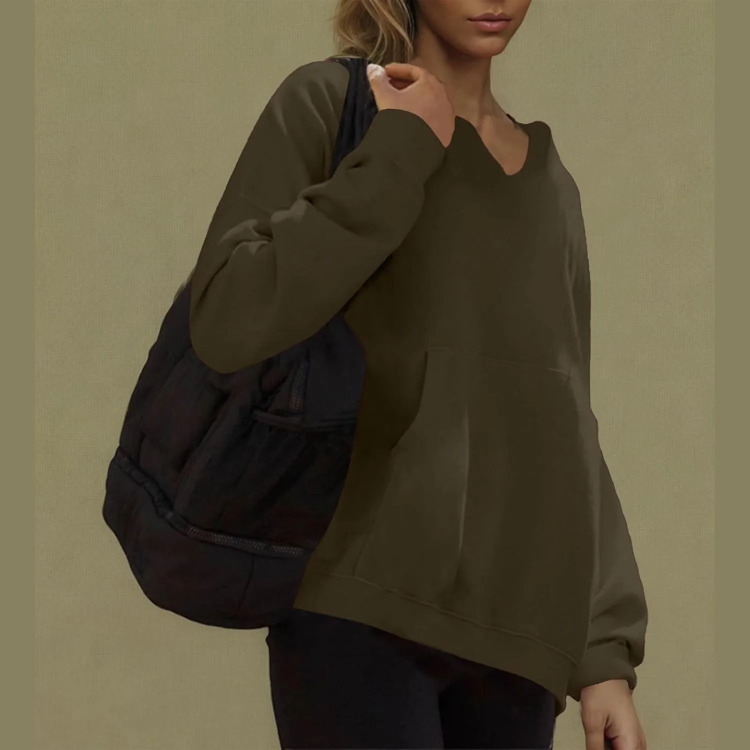 Womens Oversized Hoodies V Neck Sweatshirts Solid Long Sleeve Pullover Casual Fall Clothes 2024 Trendy Hooded Top